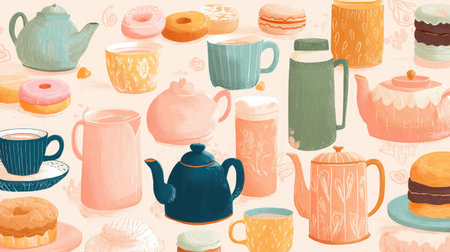 Repeating tea time pattern with cups, teapots, and pastries in pastel tonesの素材