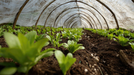 Row cover fabric stretched over hoops sheltering young vegetable plantsの素材