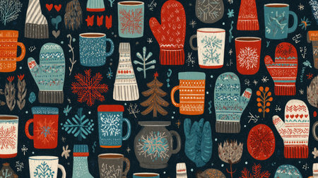 Repeating pattern with cozy winter items like mugs, mittens, and snowflakesの素材