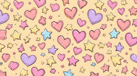 Repeating pattern of hearts and stars in cheerful pastel colorsの素材