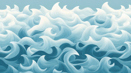 Repeating ocean wave pattern with flowing curves and soft blue gradientsの素材