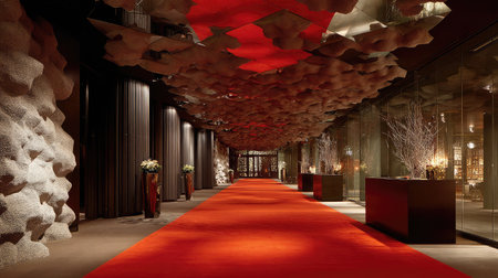 Rich textures of red carpet under moody ambient lights reflecting in ceiling mirror tilesの素材