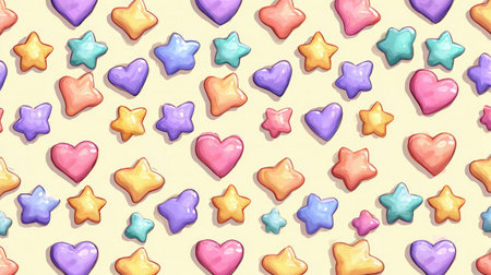 Repeating pattern of hearts and stars in cheerful pastel colorsの素材