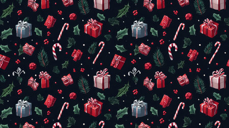 Seamless Christmas-themed vector pattern with candy canes, gifts, and hollyの素材