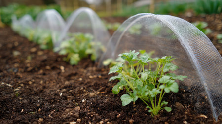 Row cover fabric stretched over hoops sheltering young vegetable plantsの素材