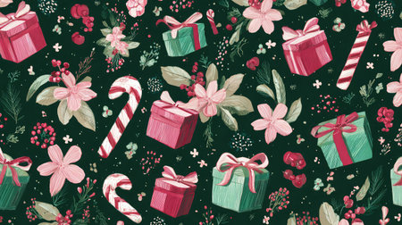 Seamless Christmas-themed vector pattern with candy canes, gifts, and hollyの素材