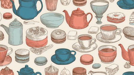 Repeating tea time pattern with cups, teapots, and pastries in pastel tonesの素材