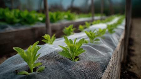 Row cover fabric stretched over hoops sheltering young vegetable plantsの素材
