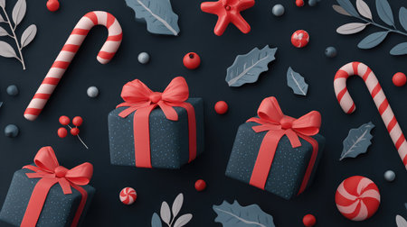 Seamless Christmas-themed vector pattern with candy canes, gifts, and hollyの素材