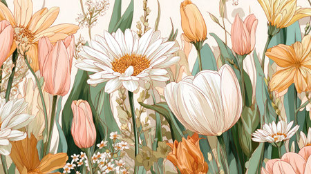 Seamless floral vector design with daisy and tulip motifs in spring pastel colorsの素材