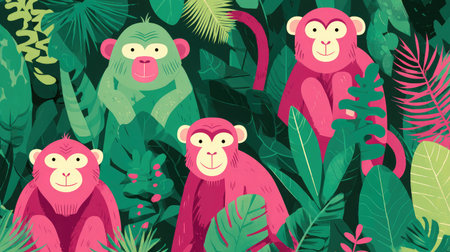 Seamless jungle pattern with monkeys, palms, and tropical leaves in flat vector styleの素材