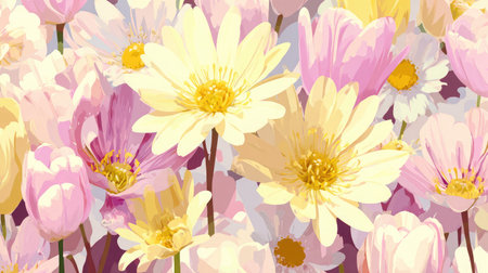 Seamless floral vector design with daisy and tulip motifs in spring pastel colorsの素材