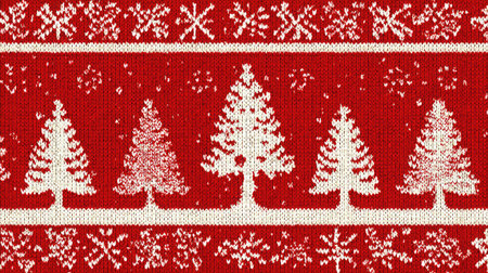 Seamless Christmas sweater pattern in red and white with snowflakes and treesの素材