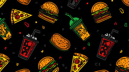 Seamless food icon vector pattern with colorful pizza slices, burgers, and drinksの素材