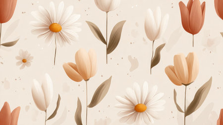 Seamless floral vector design with daisy and tulip motifs in spring pastel colorsの素材