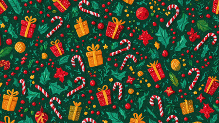Seamless Christmas-themed vector pattern with candy canes, gifts, and hollyの素材