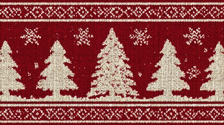 Seamless Christmas sweater pattern in red and white with snowflakes and treesの素材