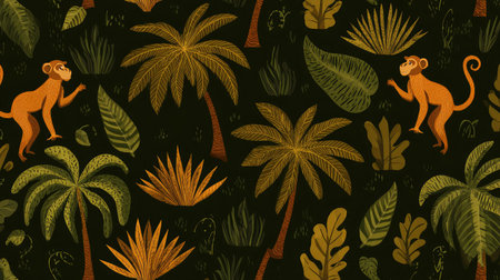 Seamless jungle pattern with monkeys, palms, and tropical leaves in flat vector styleの素材