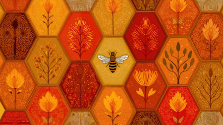 Seamless honeycomb vector pattern with bee and flower details in warm colorsの素材