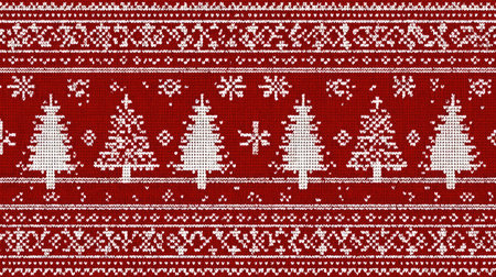 Seamless Christmas sweater pattern in red and white with snowflakes and treesの素材