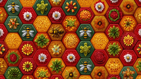 Seamless honeycomb vector pattern with bee and flower details in warm colorsの素材