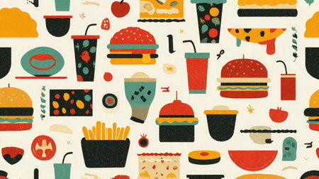 Seamless food icon vector pattern with colorful pizza slices, burgers, and drinksの素材