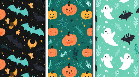Seamless Halloween vector pattern with bats, pumpkins, and ghost illustrationsの素材