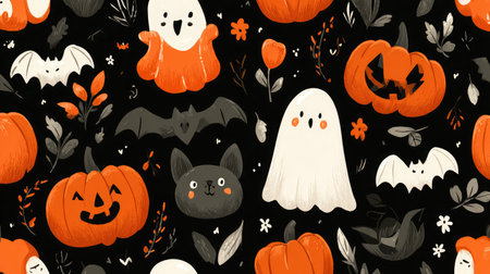 Seamless Halloween vector pattern with bats, pumpkins, and ghost illustrationsの素材