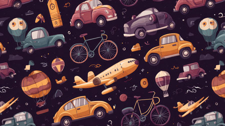 Seamless pattern of transportation icons including cars, bikes, and planesの素材