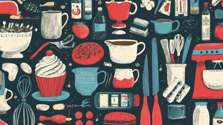 Seamless pattern of kitchen utensils and food items in retro color paletteの素材