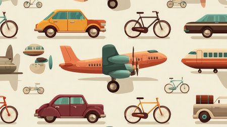 Seamless pattern of transportation icons including cars, bikes, and planesの素材