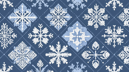 Seamless pattern of geometric snowflakes in soft blue and white tonesの素材