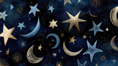 Seamless pattern of hand-drawn stars and moons on a dark cosmic backgroundの素材