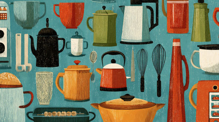 Seamless pattern of kitchen utensils and food items in retro color paletteの素材
