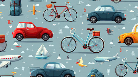 Seamless pattern of transportation icons including cars, bikes, and planesの素材