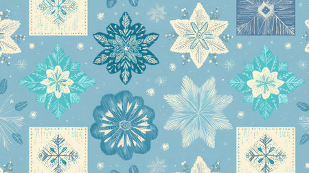 Seamless pattern of geometric snowflakes in soft blue and white tonesの素材