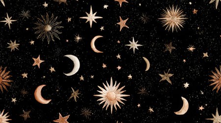 Seamless pattern of hand-drawn stars and moons on a dark cosmic backgroundの素材
