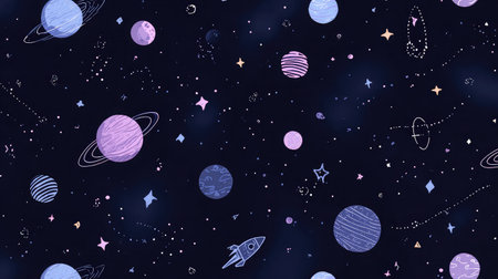 Seamless space-themed pattern with planets, rockets, and stars in vector styleの素材