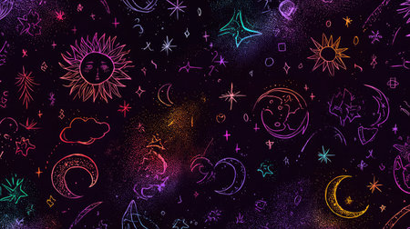 Seamless pattern of hand-drawn stars and moons on a dark cosmic backgroundの素材