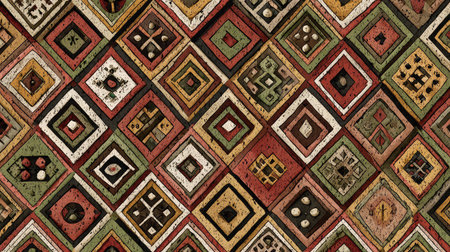 Seamless pattern with geometric tribal motifs in earthy, rustic color schemeの素材
