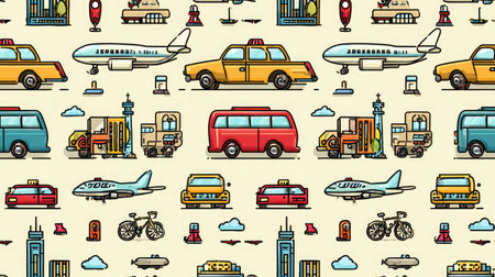Seamless pattern of transportation icons including cars, bikes, and planesの素材