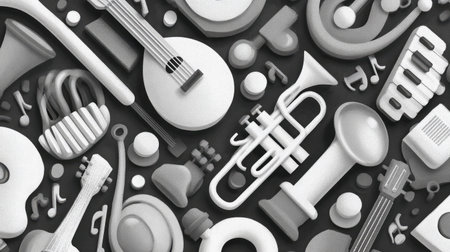 Seamless vector pattern with music notes and instruments in monochrome styleの素材