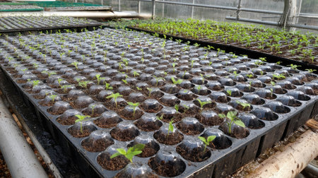Set of labeled seedling trays with moisture domes placed in a greenhouseの素材