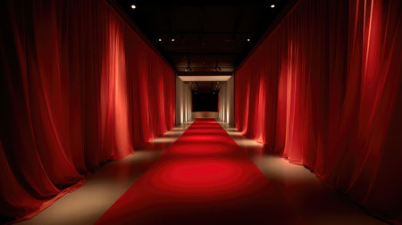 Side-lit red carpet passage framed by glossy ceiling surfaces casting gentle glowsの素材
