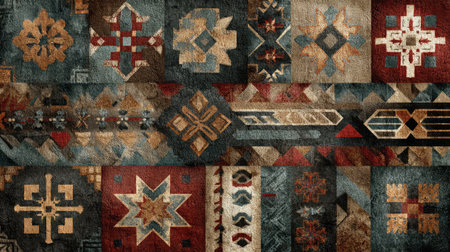 Seamless pattern with geometric tribal motifs in earthy, rustic color schemeの素材