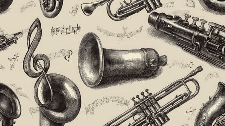 Seamless vector pattern with music notes and instruments in monochrome styleの素材