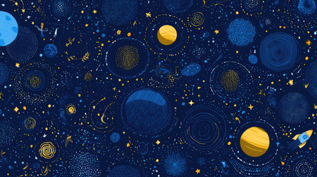 Seamless space-themed pattern with planets, rockets, and stars in vector styleの素材
