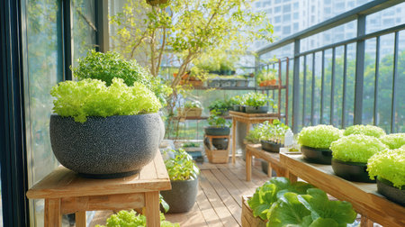 Urban balcony garden with smart planter, watering system, and thriving greensの素材