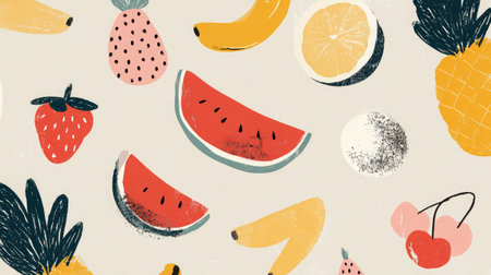Vector seamless pattern featuring colorful fruit illustrations on a light backgroundの素材