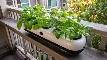 Urban balcony garden with smart planter, watering system, and thriving greensの素材